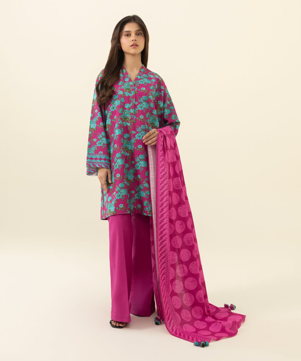 Women's Unstitched Printed Khaddar Purple 3 Piece Suit