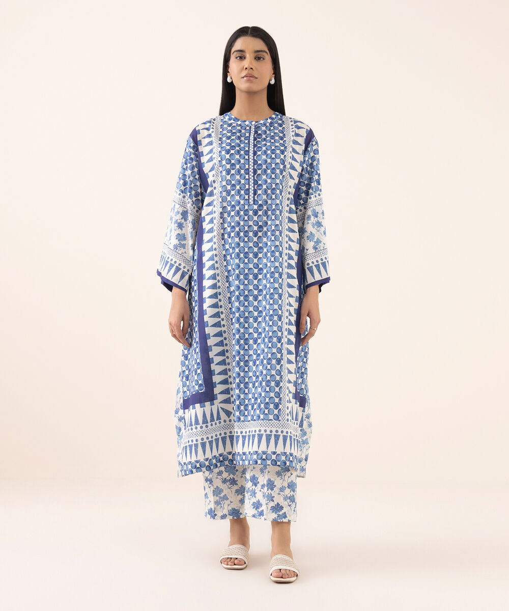 Women's RTW Lawn Blue Printed Drop Shoulder Shirt