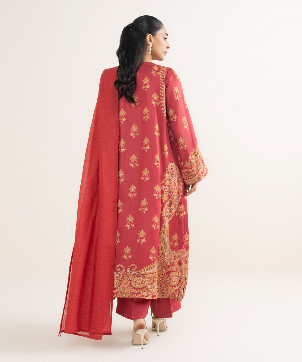 Women's RTW Blended Satin Embroidered Red 3 Piece Suit