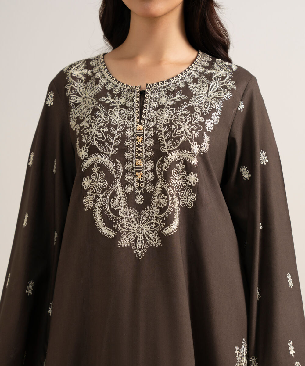 Women's Unstitched Embroidered Linen Brown 3 Piece Suit
