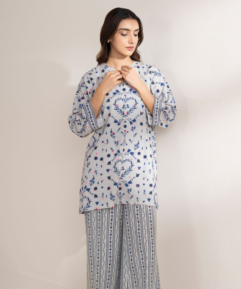 Women's RTW Arabic Khaddar Embroidered Straight Grey Shirt
