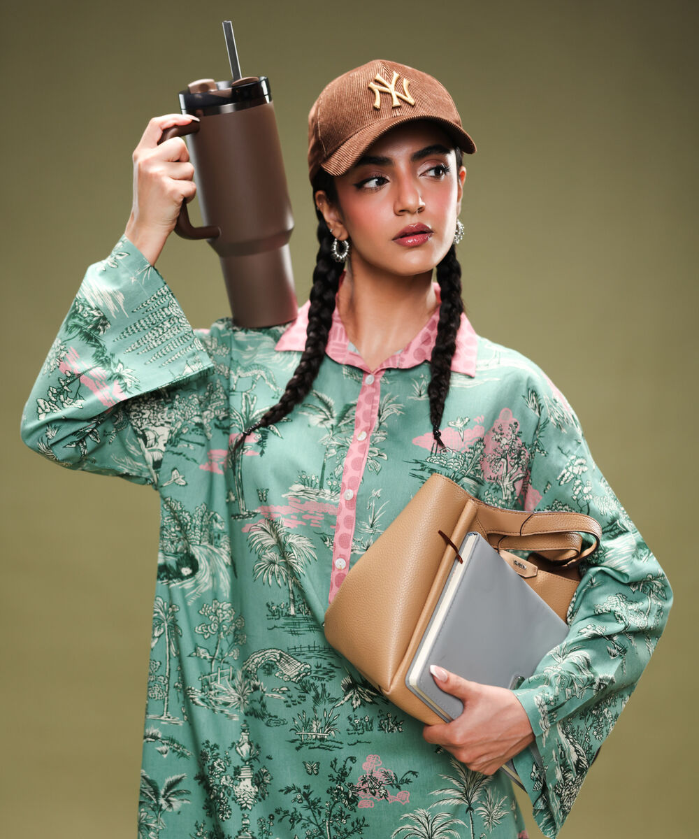 Women's RTW Lawn Printed Green Drop Shoulder Shirt