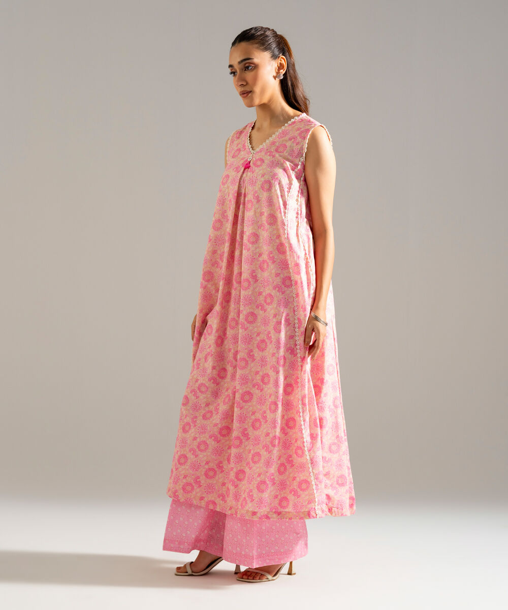 Women's RTW Slub Lawn Printed Pink A-Line Shirt