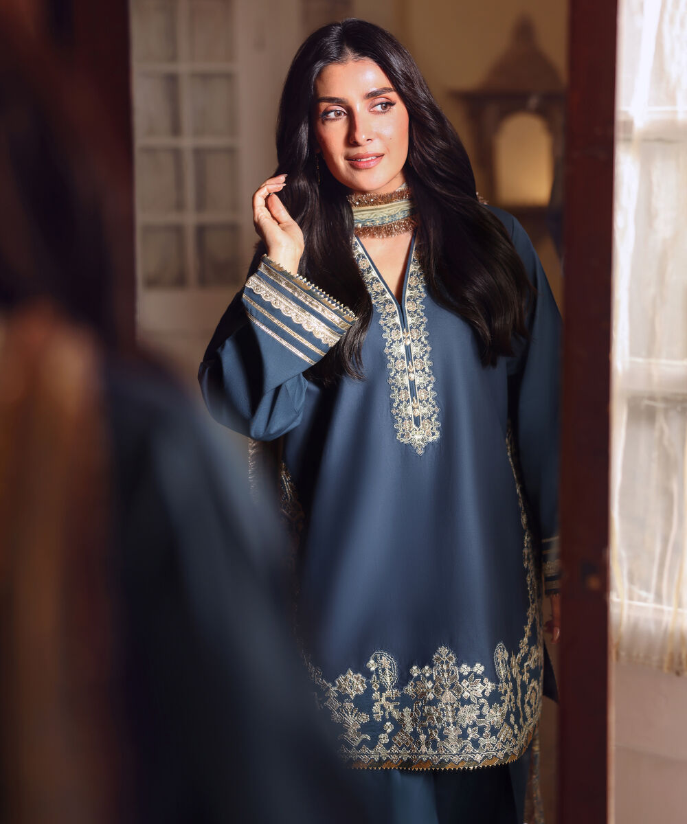 Women's Unstitched Textured Lawn Embroidered Blue 3 Piece Suit