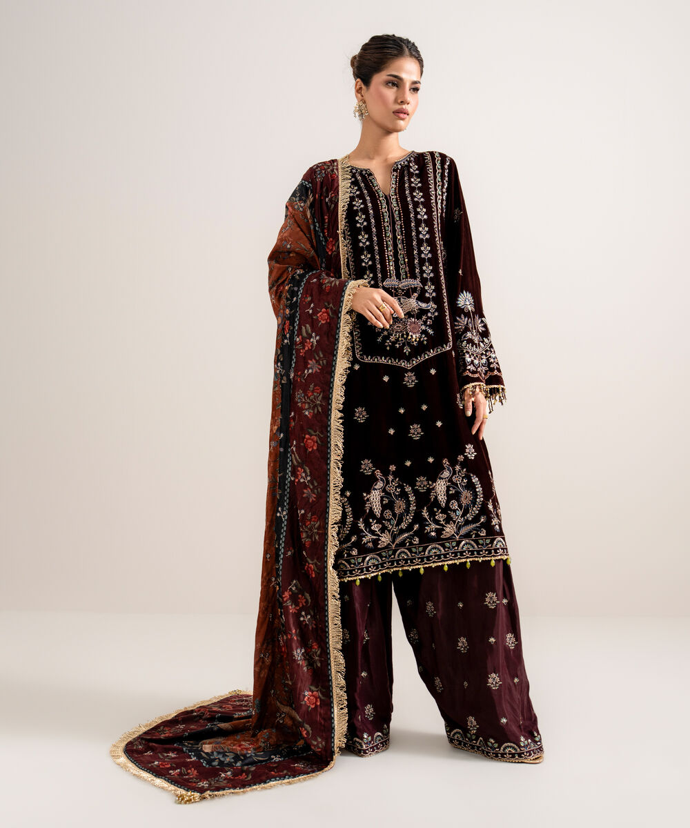 Women's Unstitched Embroidered Velvet Red 3 Piece Suit