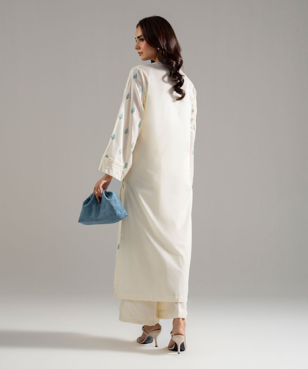 Women's RTW Solid Embroidered Lawn Off White A-Line Shirt