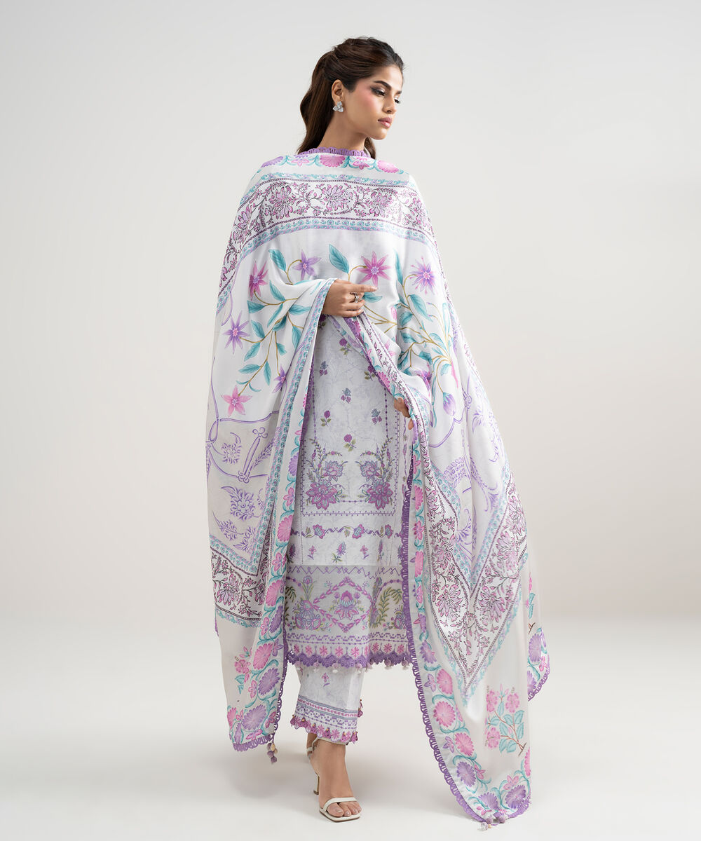 Women's Unstitched Lawn Embroidered Purple 3 Piece Suit