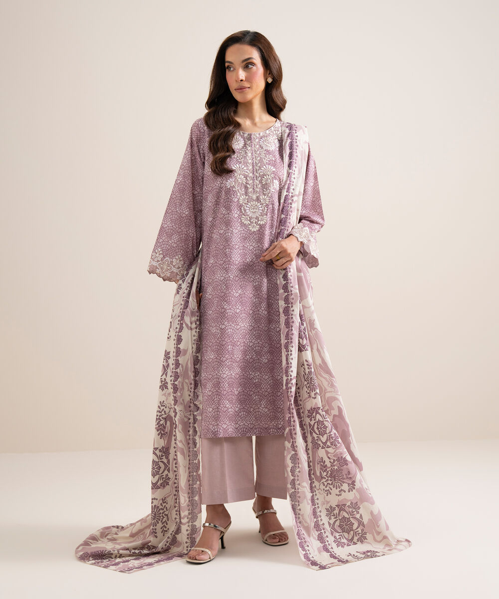 Women's Unstitched Lawn Embroidered Ice Blue 3 Piece Suit