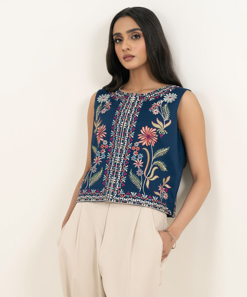Women's RTW Dobby Embroidered Blue Waistcoat