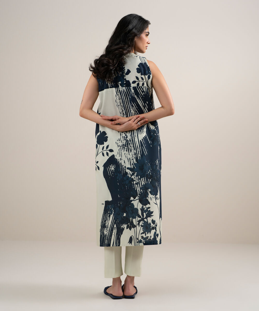Women's Unstitched Lawn Printed White and  Black 2 Piece Suit