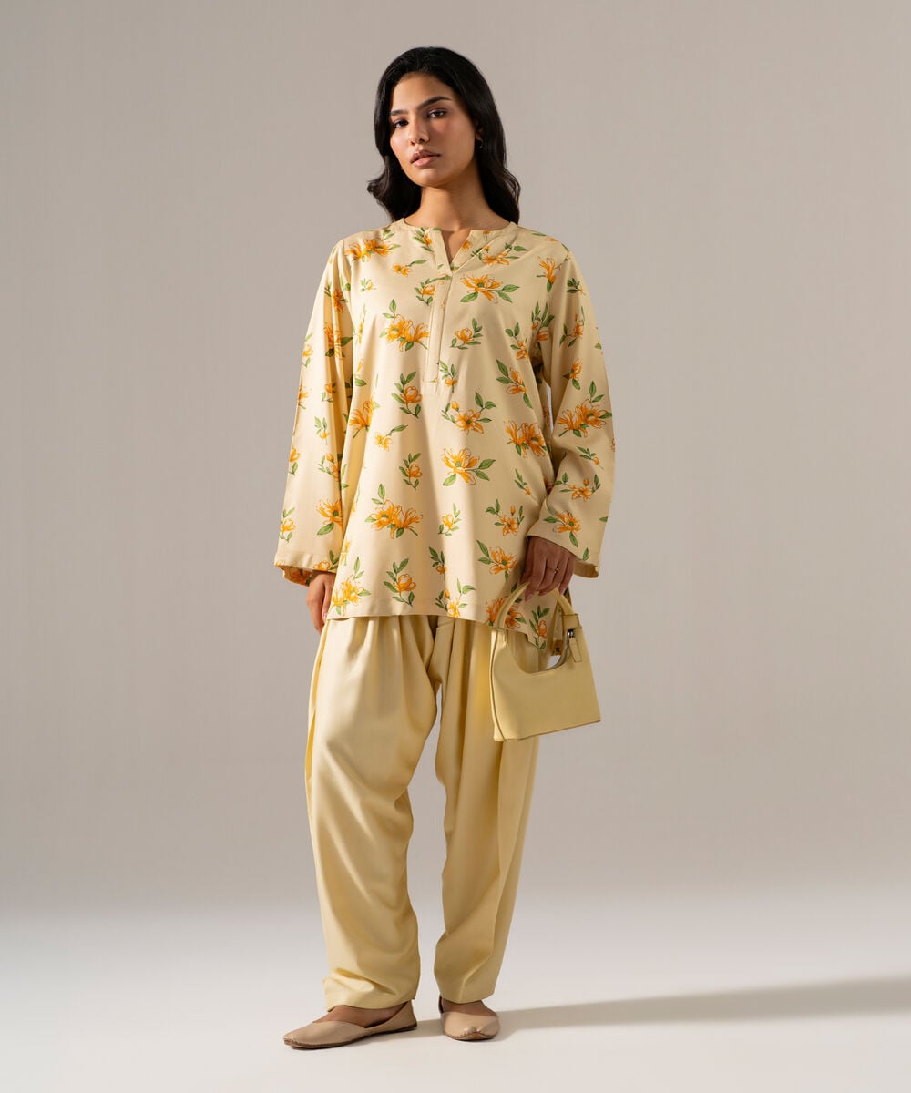 Women's RTW Viscose Marina Printed Pale Yellow 2 Piece Suit