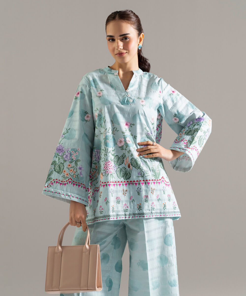 Women's RTW Seersucker Printed Blue Straight Shirt
