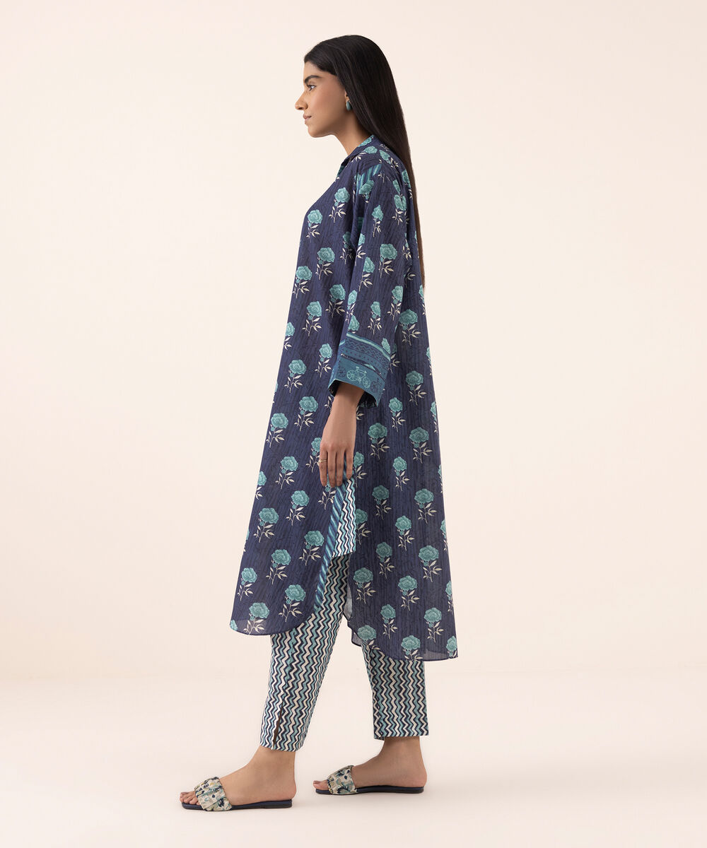 Women's RTW Lawn Blue Printed Drop Shoulder Shirt