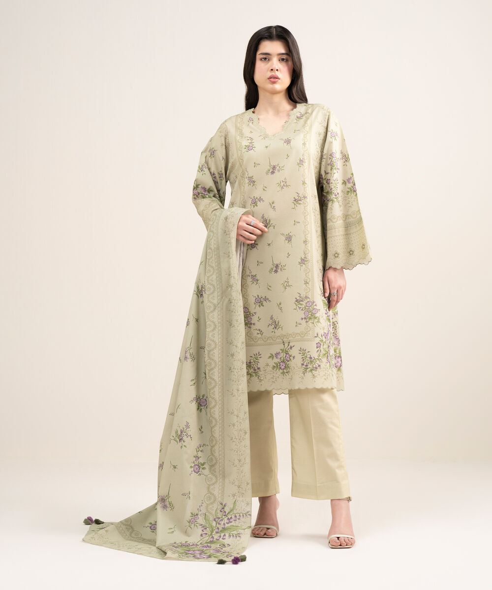 Women's Unstitched Zari Lawn Printed Beige 3 Piece Suit