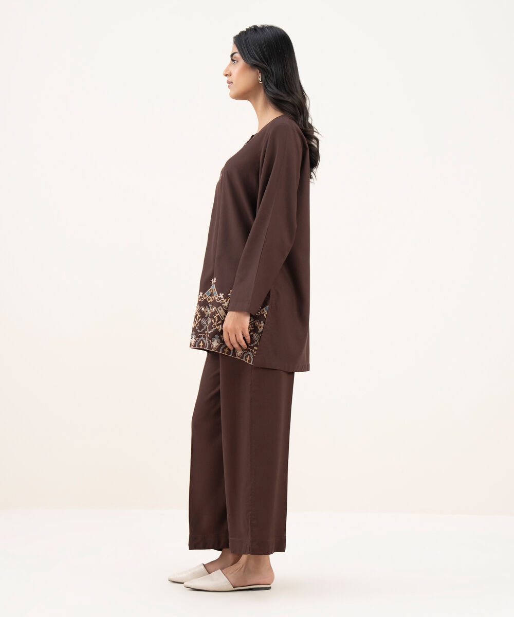 Women's RTW Khaddar Embroidered Straight Brown Shirt
