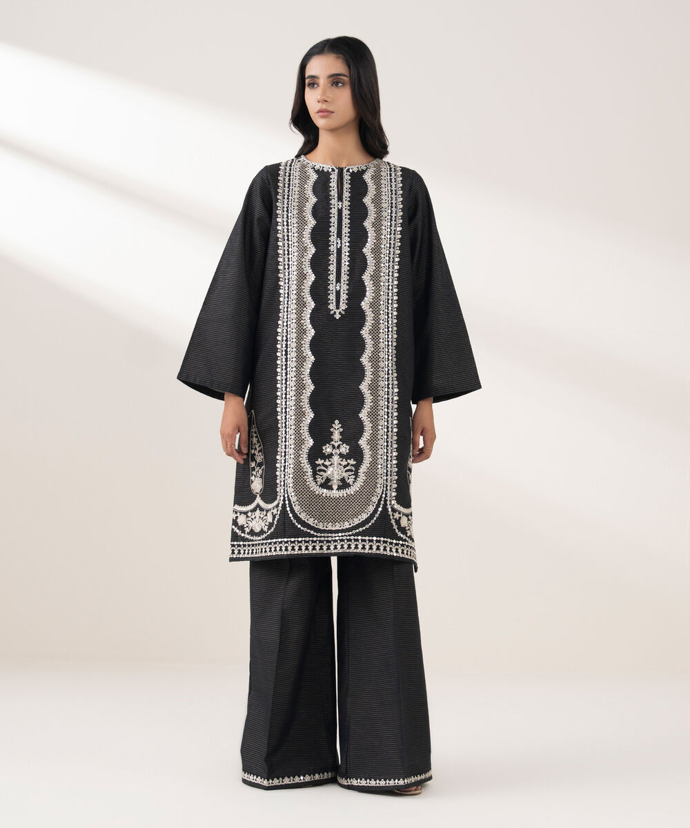Women's RTW Zari Khaddar Embroidered Black 2 Piece Suit