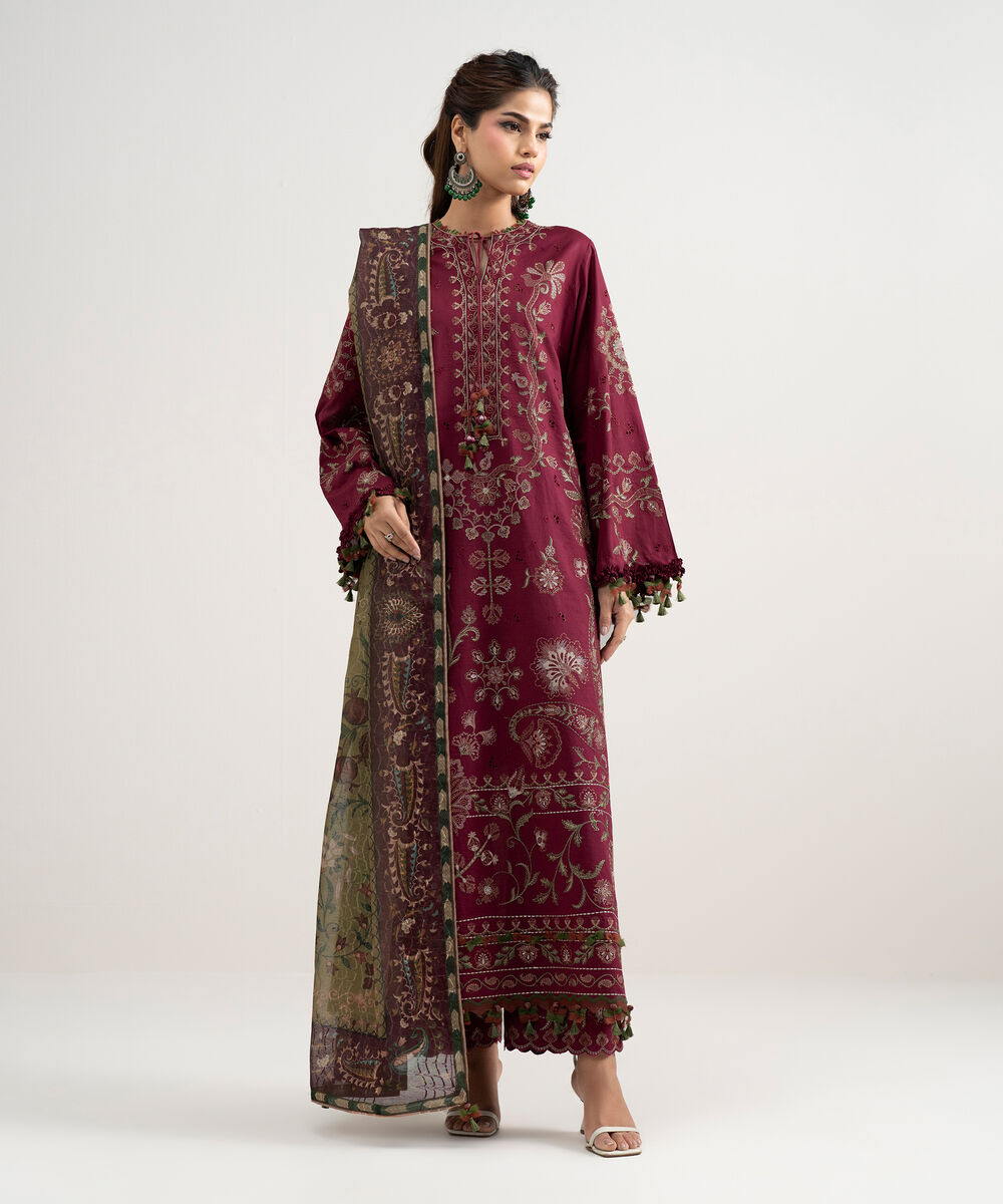 Women's Unstitched Textured Lawn Embroidered Pink 3 Piece Suit