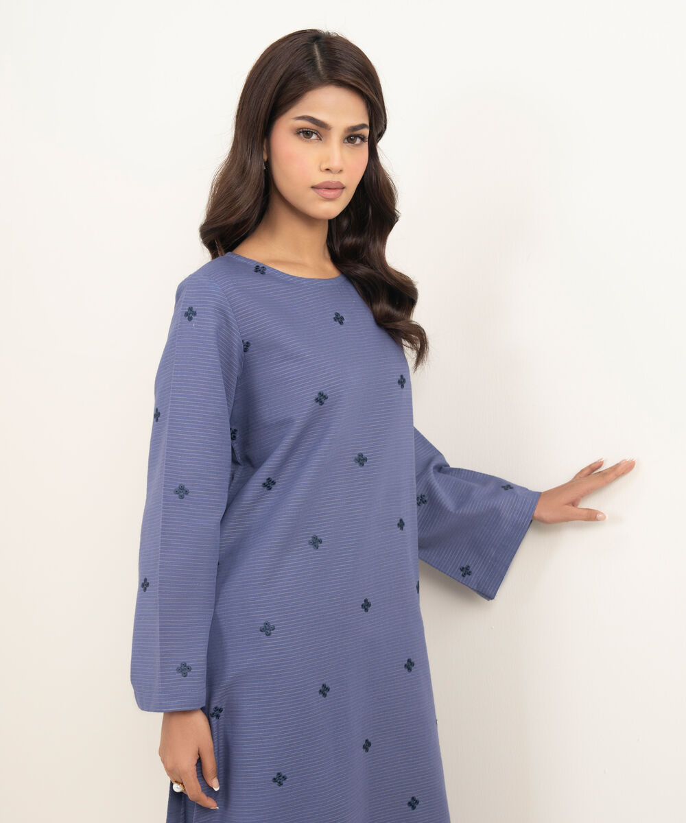 Women's Unstitched Zari Khaddar Blue 3 Piece Suit