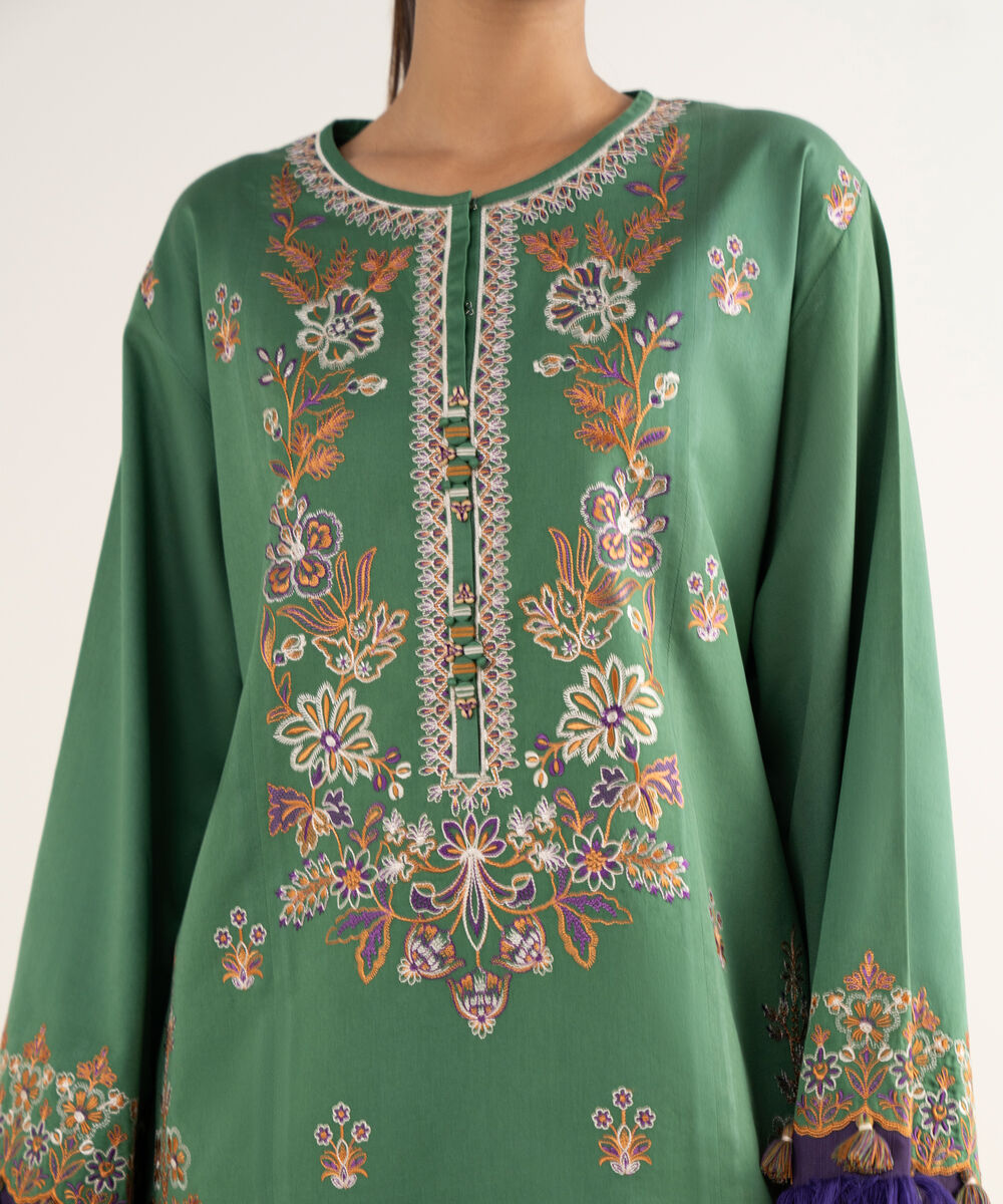 Women's Unstitched Twill Embroidered Green 3 Piece Suit