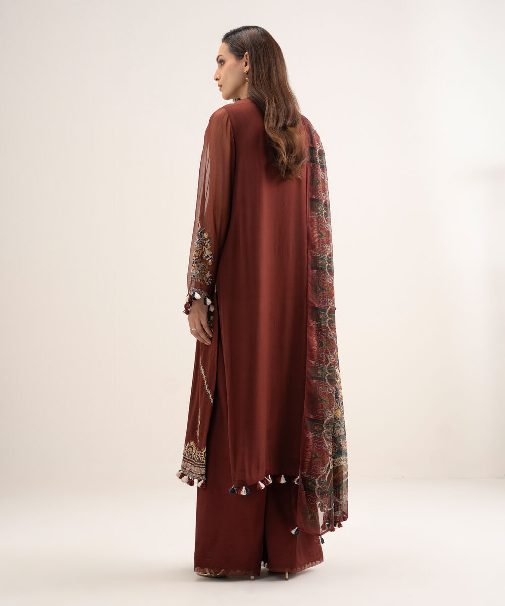 Women's Unstitched Blended Chiffon Embroidered Red 3 Piece Suit