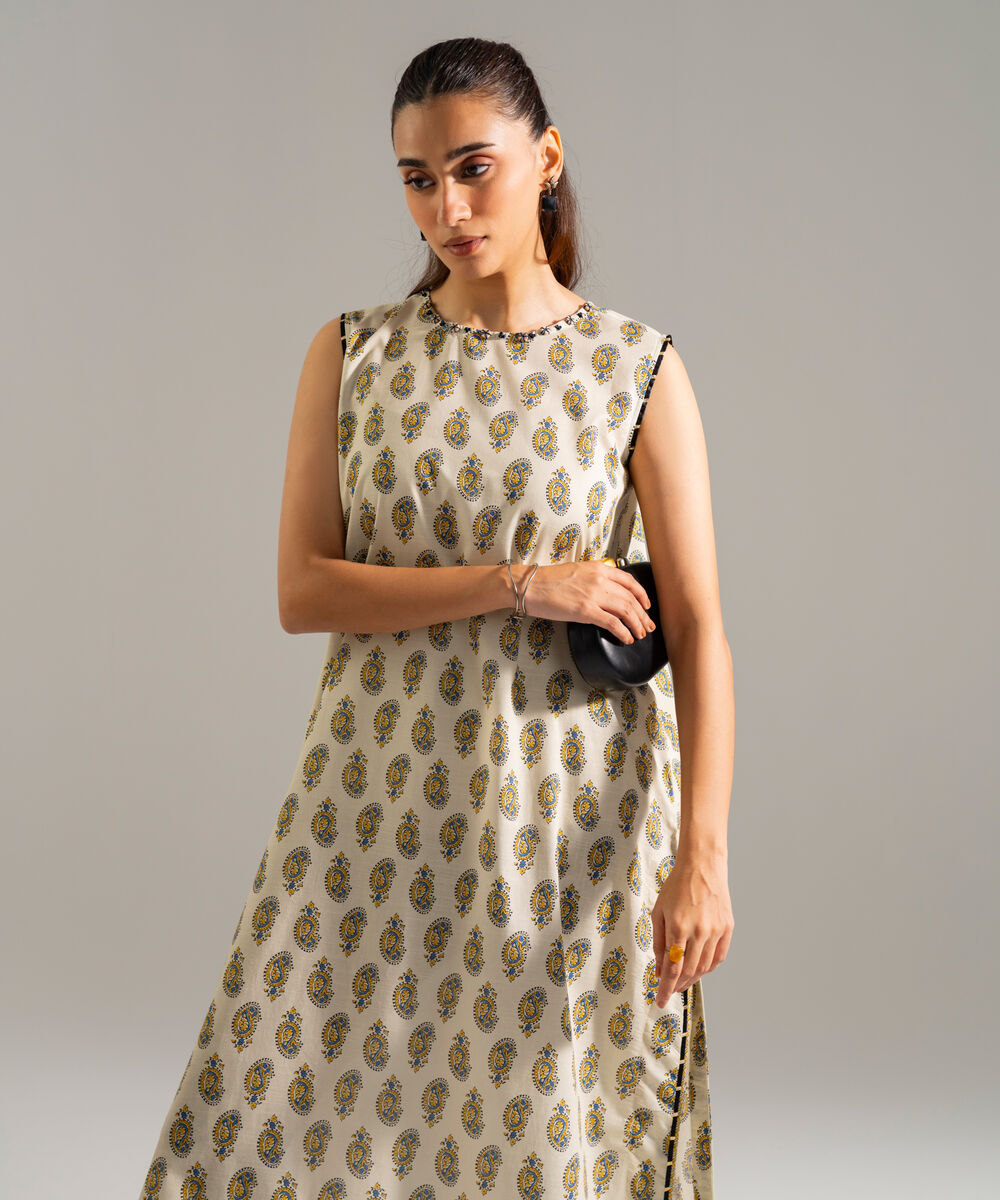 Women's RTW Slub Lawn Printed Beige Straight Shirt