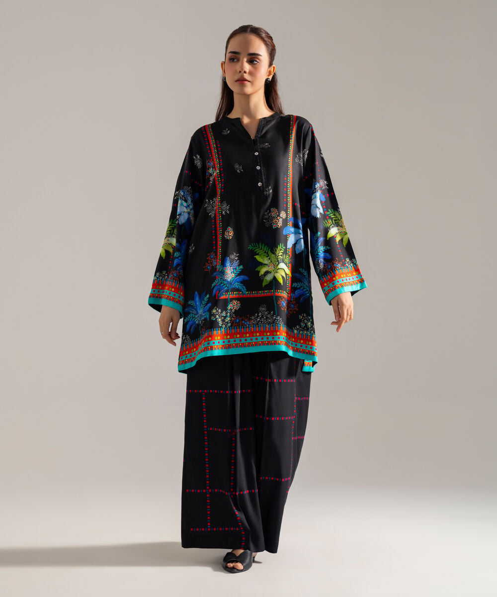 Women's RTW Printed Black Viscose Linen 2 Piece Suit