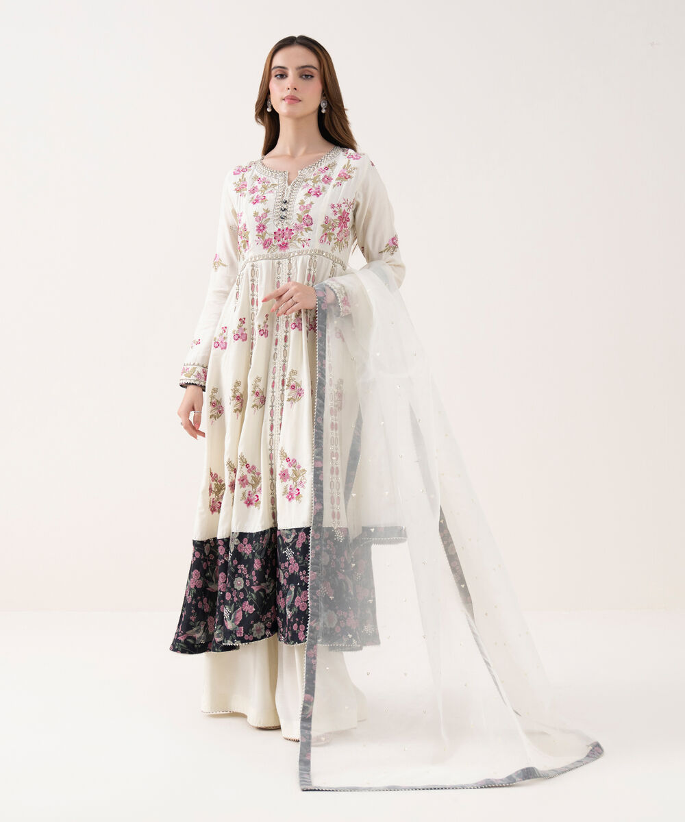 Women's RTW Viscose Raw Silk Embroidered White Three Piece Suit