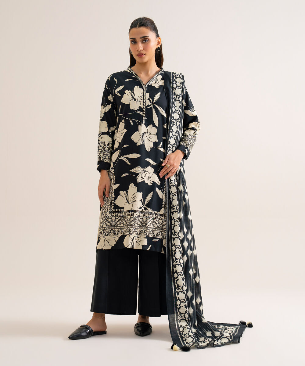 Women's Unstitched Viscose Linen Printed Black & Off White 3 Piece Suit