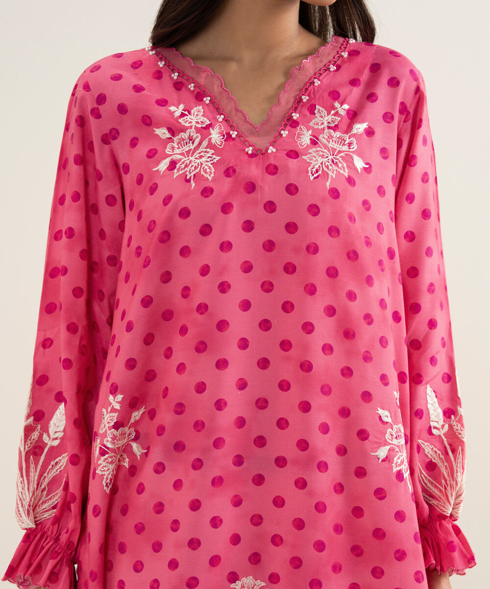 Women's RTW Viscose Raw Silk Embroidered Pink Straight Shirt