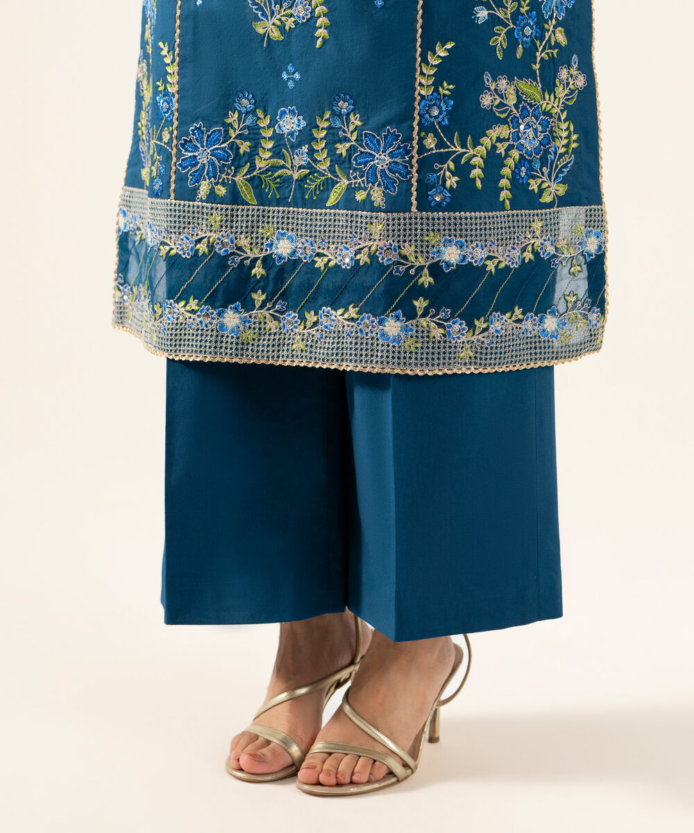Women's Unstitched Bemberg Tissue Embroidered Blue 3 Piece Suit