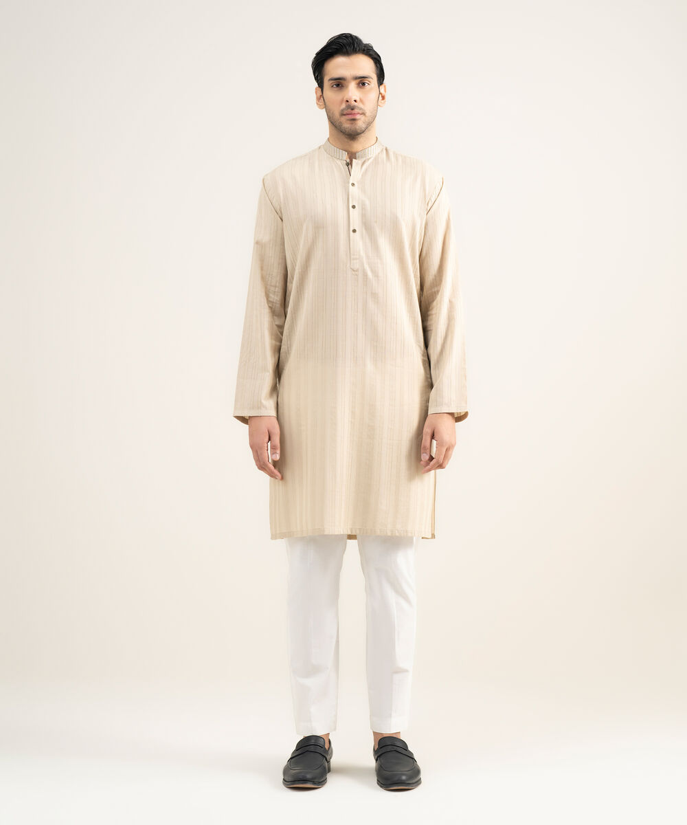 Men's Stitched Leno Jacquard Beige Kurta