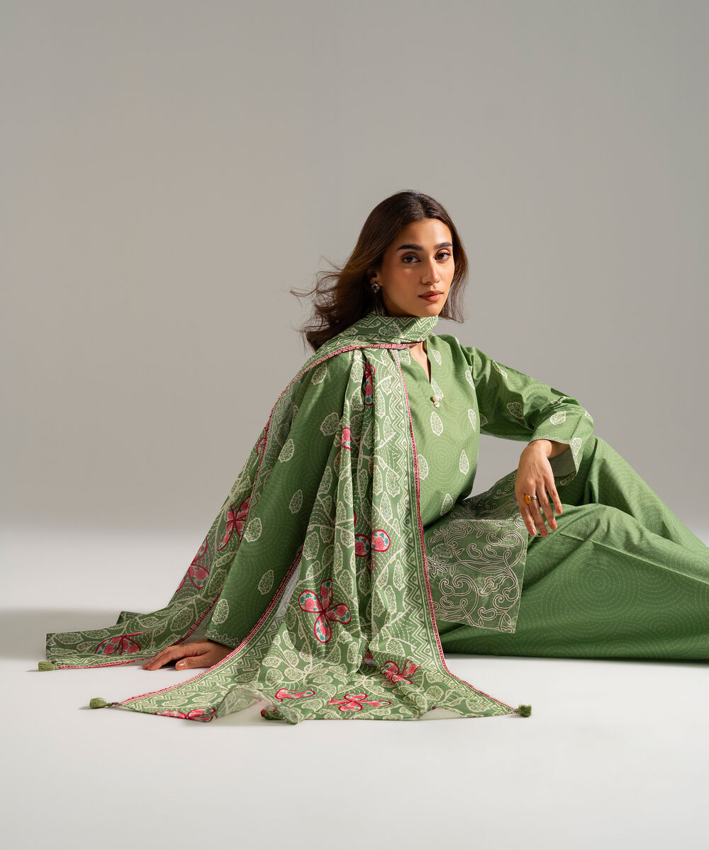 Women's RTW Cambric Embroidered Green 3 Piece Suit