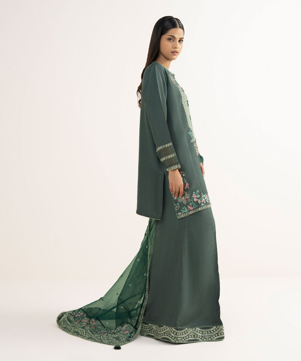 Women's RTW Raw Silk Grey Embroidered 3 Piece Suit