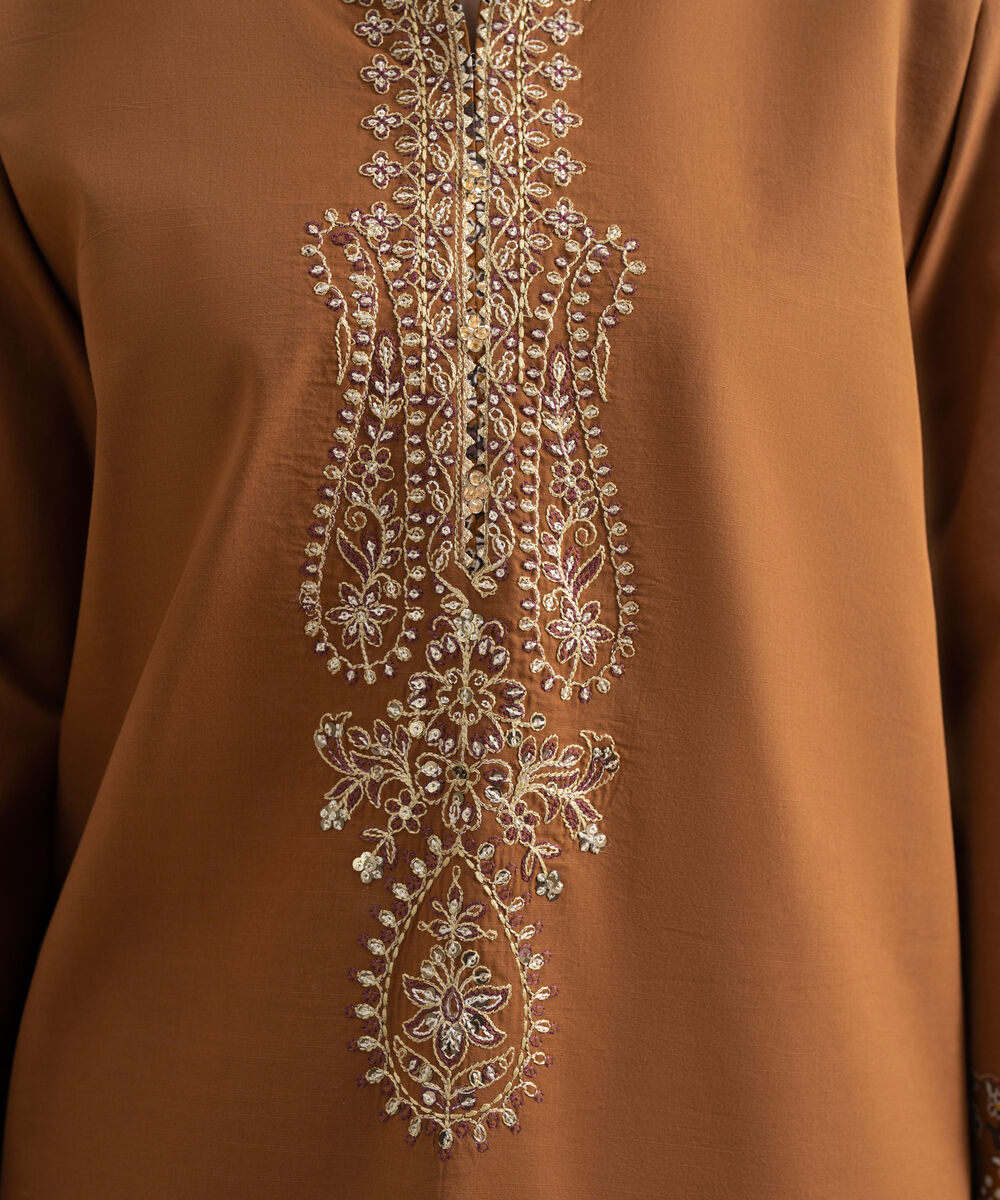 Women's Unstitched Textured Lawn Embroidered Brown 3 Piece Suit