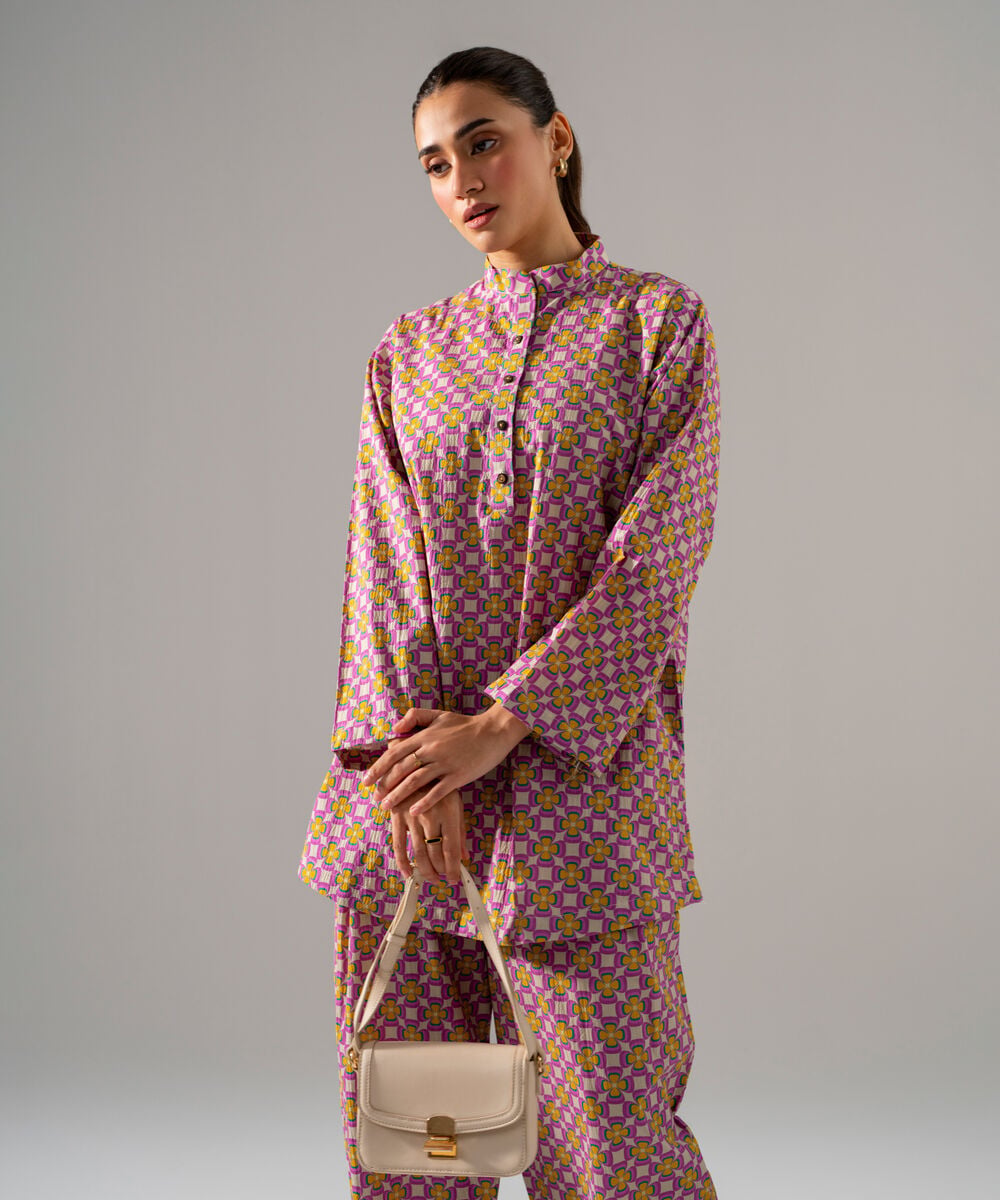 Women's RTW Seersucker Printed Pink 2 Piece Suit