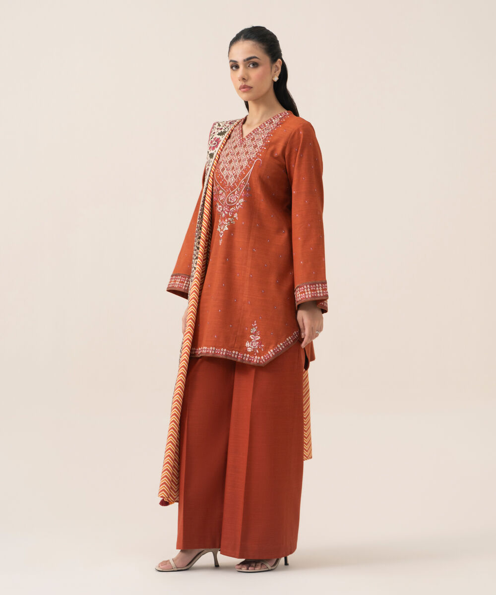 Women's Unstitched Basic Khaddar Embroidered Burnt Orange 3 Piece Suit