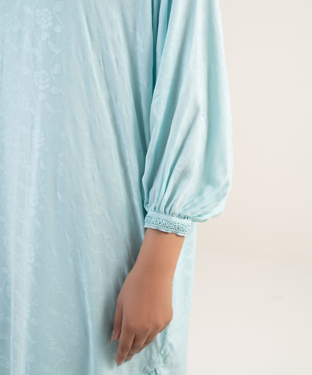 Women's RTW Arabic Self Jacquard Solid Blue Drop Shoulder Shirt