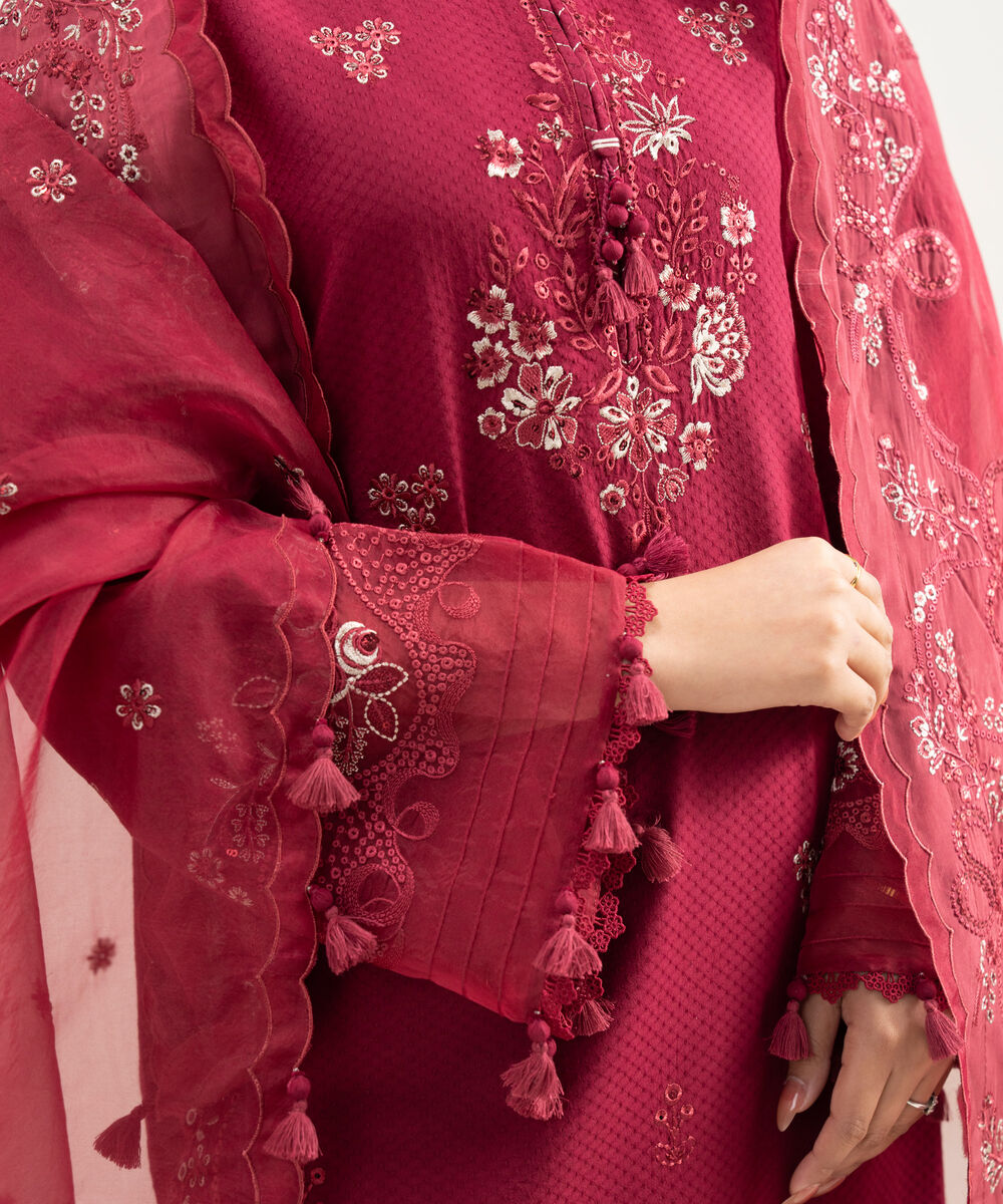 Women's Unstitched Dobby Embroidered Red 3 Piece Suit