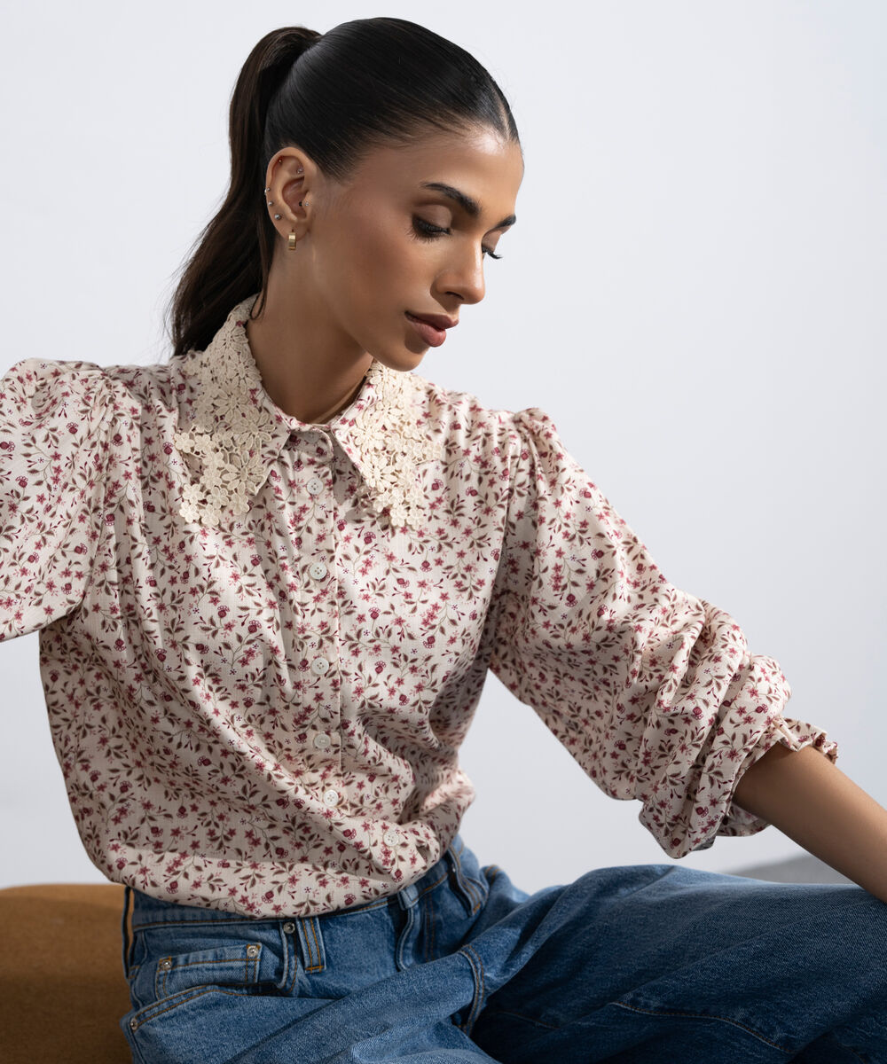 Women's Western Multi Ditsy Print Embroidered Blouse