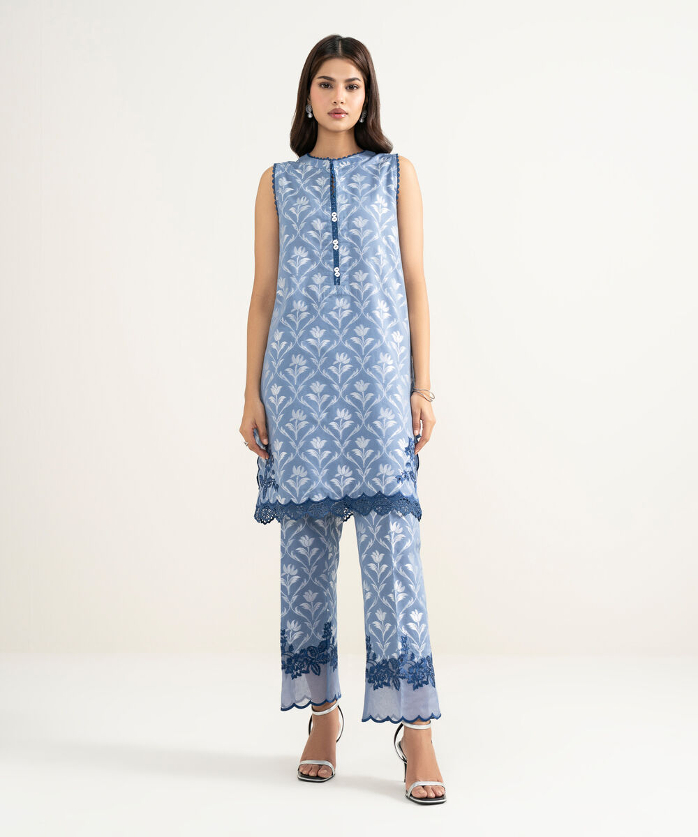 Women's RTW Extra Weft Jacquard Embroidered Blue 2 Piece Suit