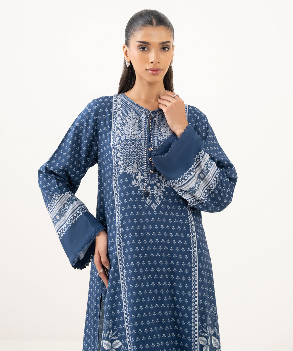 Women's RTW Viscose Linen Printed Blue A-Line Shirt