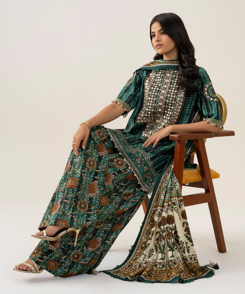 Women's Unstitched Linen Printed Green 3 Piece Suit