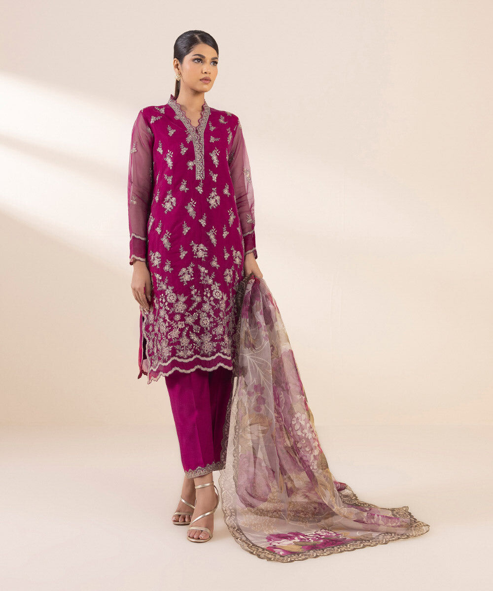 Woman - Pink 3 Piece - Embroidered Organza Suit