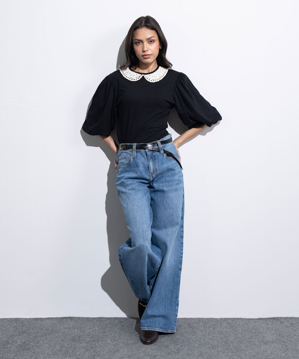 Women's Western Black Embroidered Collar Top