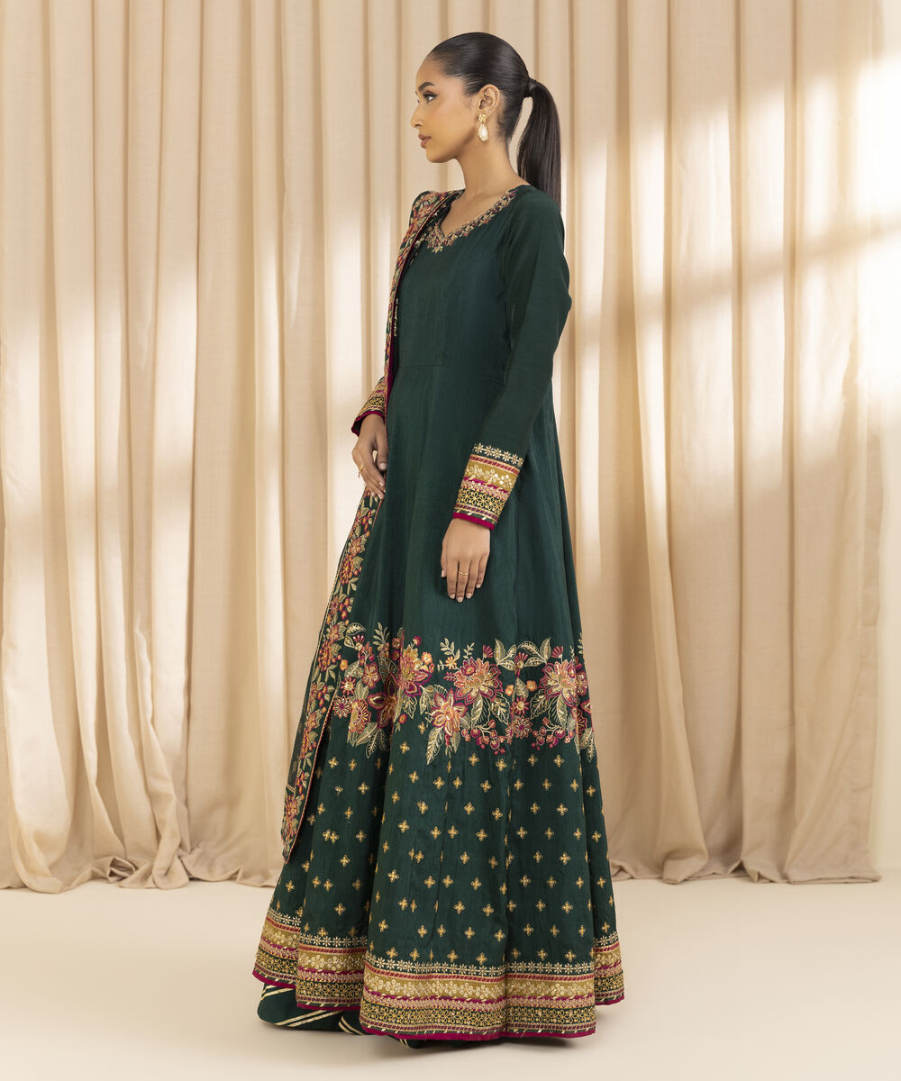 Unstitched Women's Green Raw Silk 3 Piece Suit