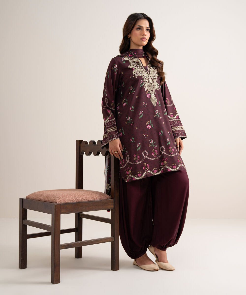 Women's Unstitched Printed Cotton Viscose Maroon 3 Piece Suit