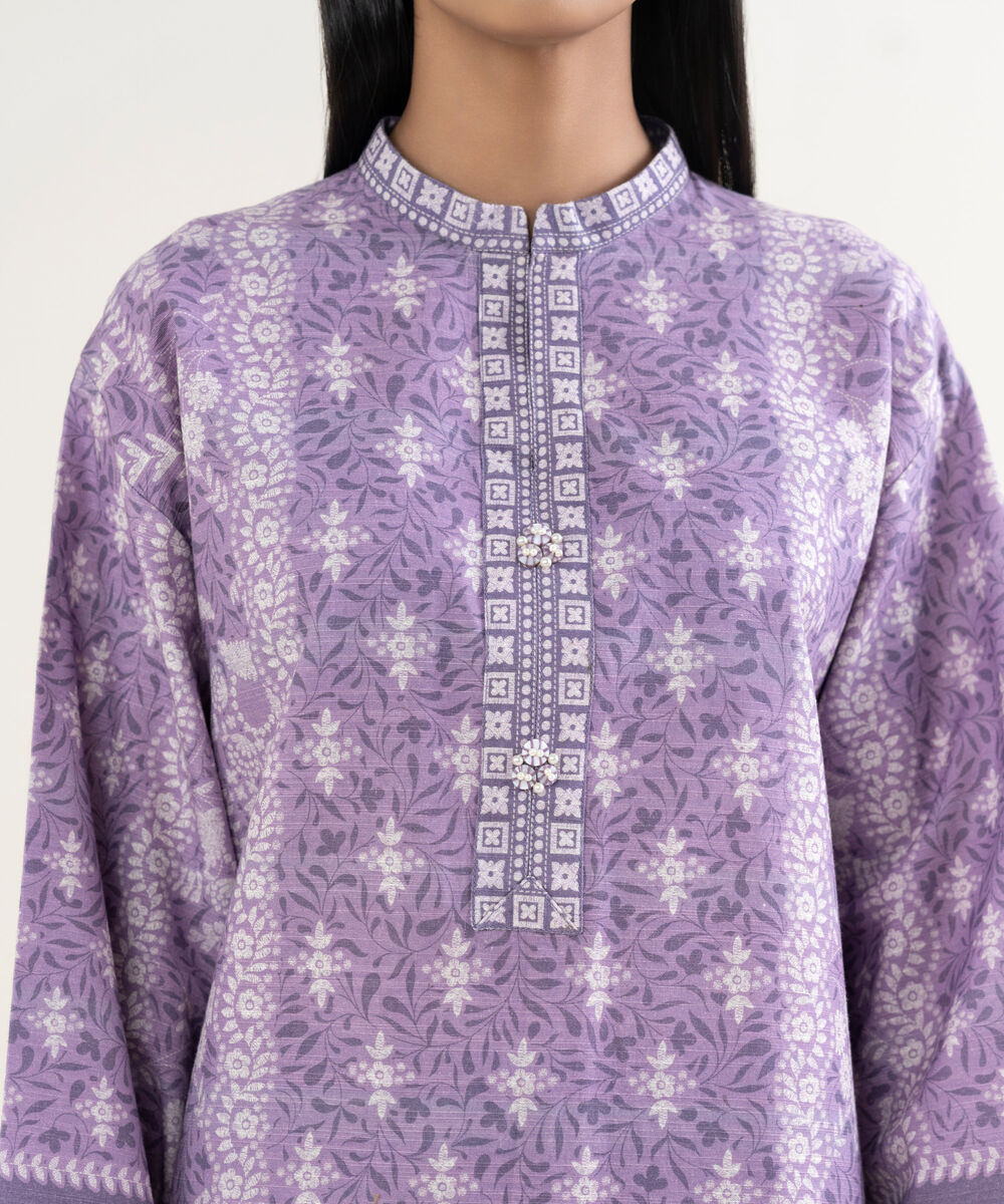 Women's Unstitched Printed Khaddar Lilac and Off White 3 Piece Suit