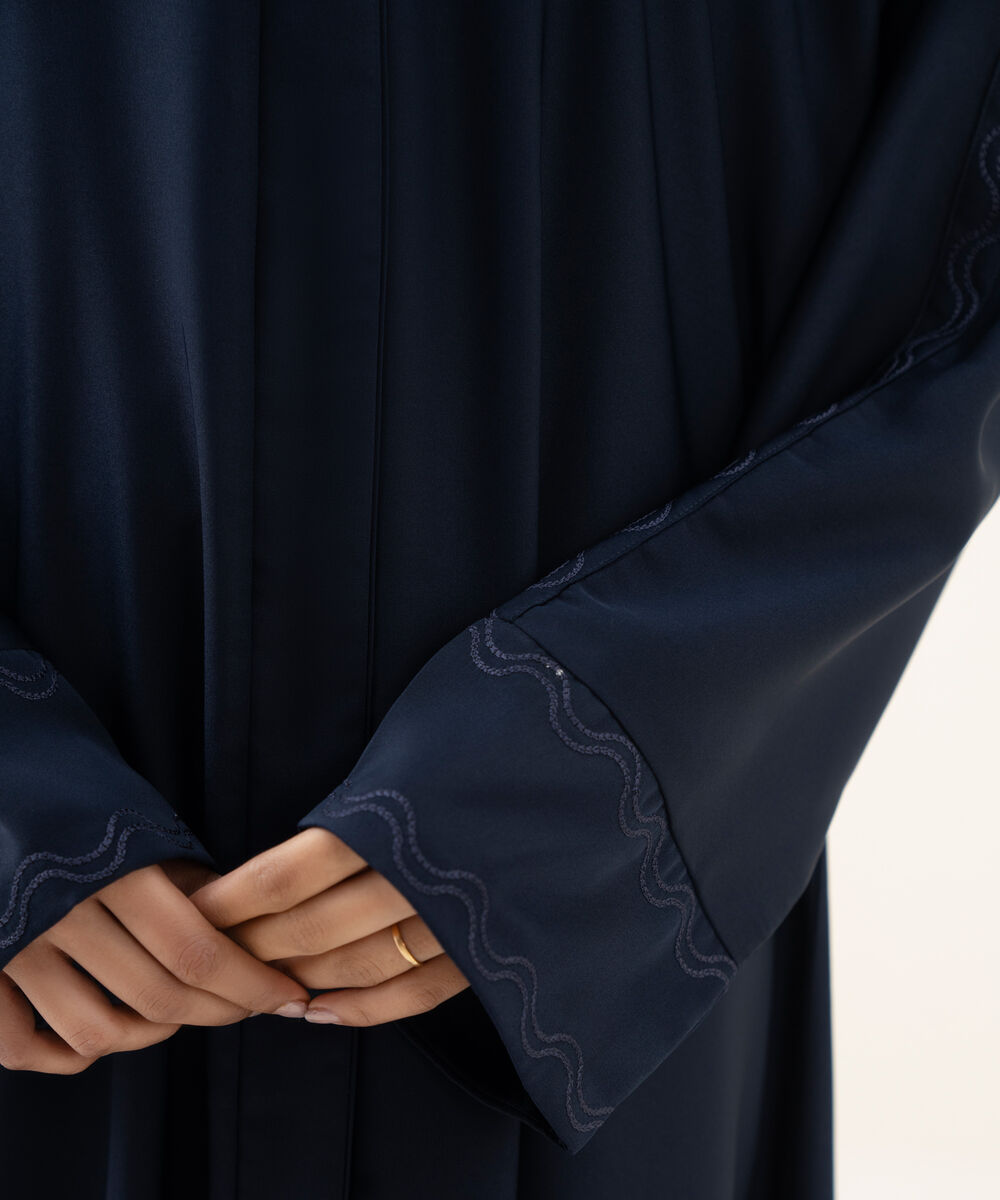 Women's navy blue button through Abaya with embroidery