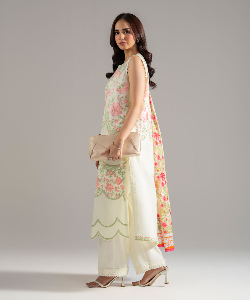Women's RTW Cambric Solid Embroidered Off White 3 Piece Suit