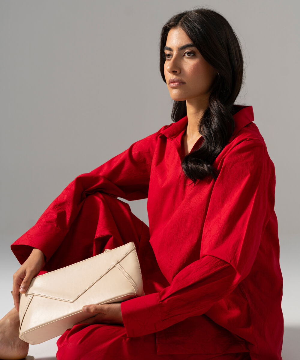 Women's RTW Textured Cotton Solid Red 2 Piece Suit
